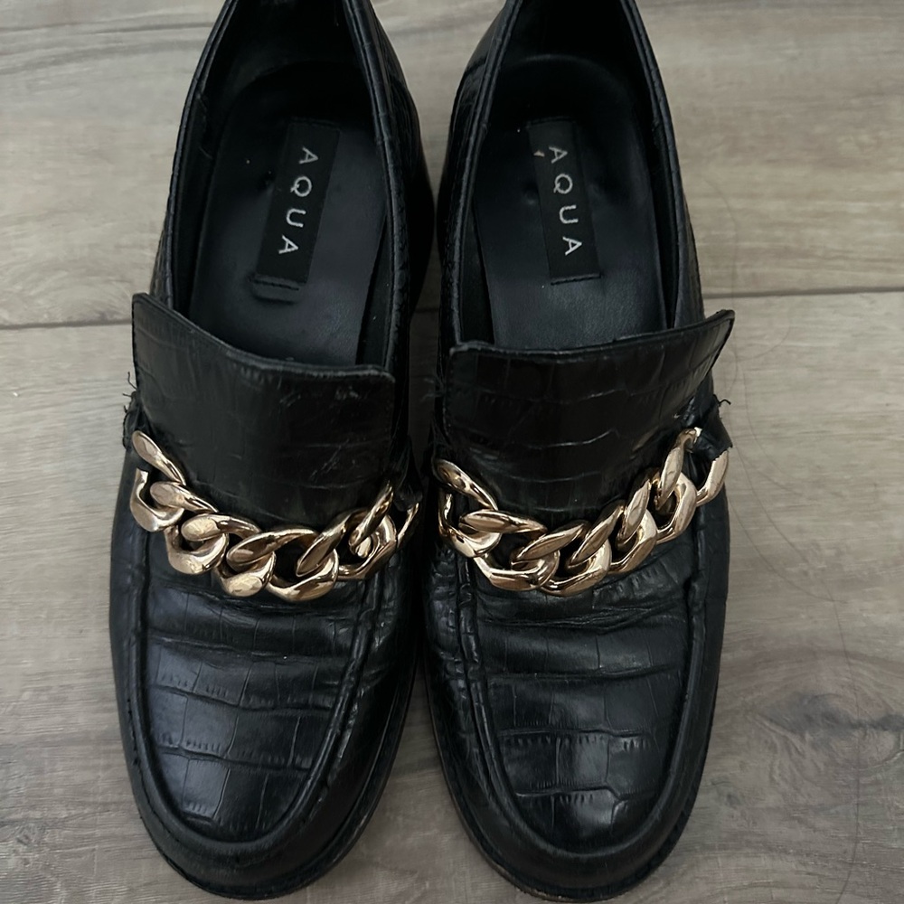 Aqua Black Loafers with Gold Chain Detail